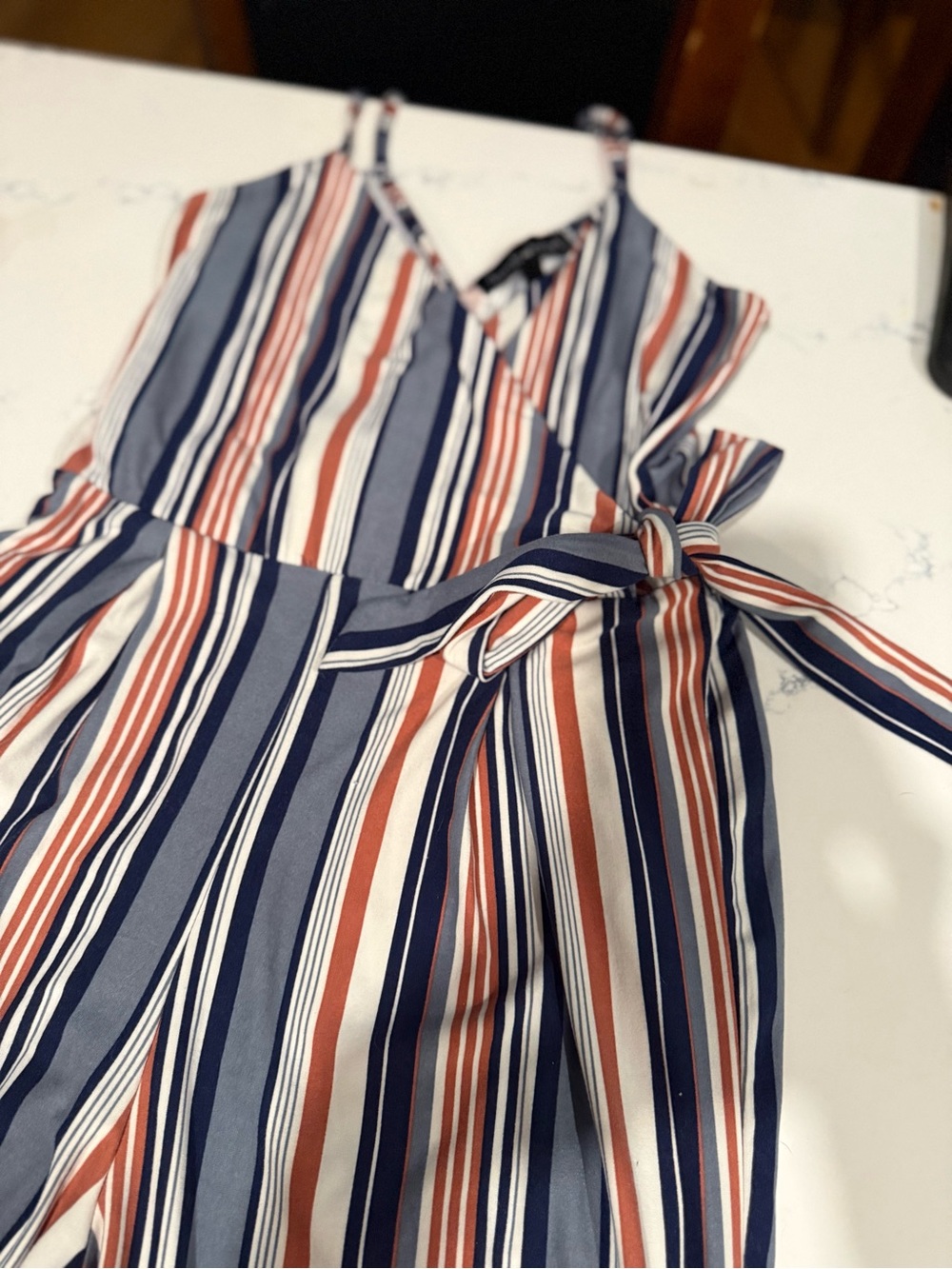 Derek Heart Striped Wrap Jumpsuit in Navy, White & Rust